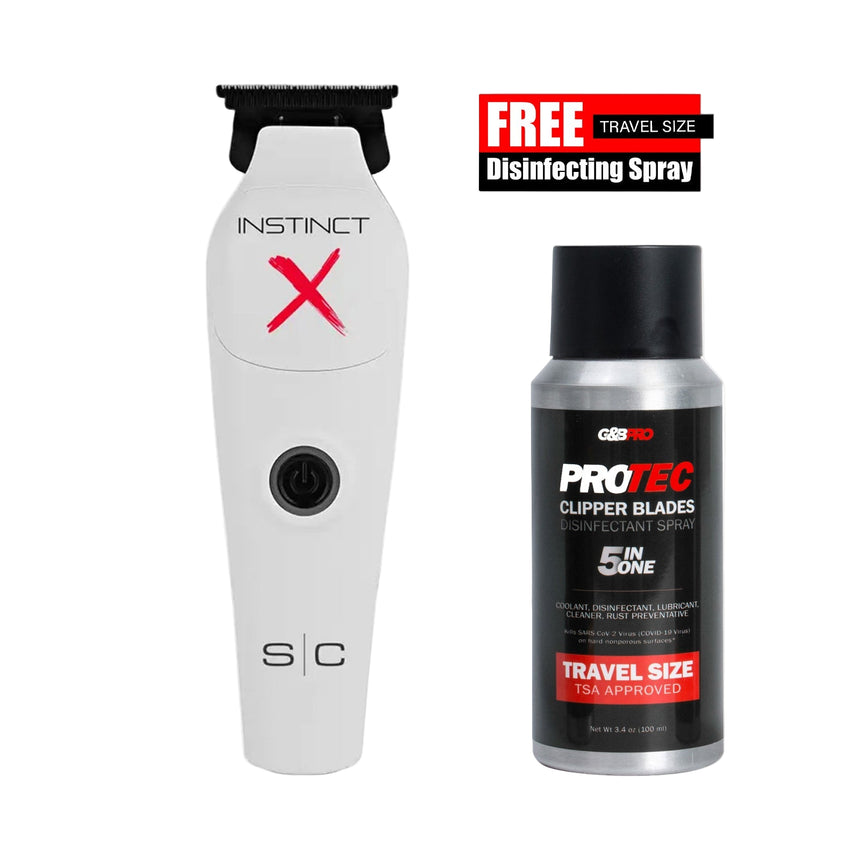 Hair clipper and disinfecting spray on a white background