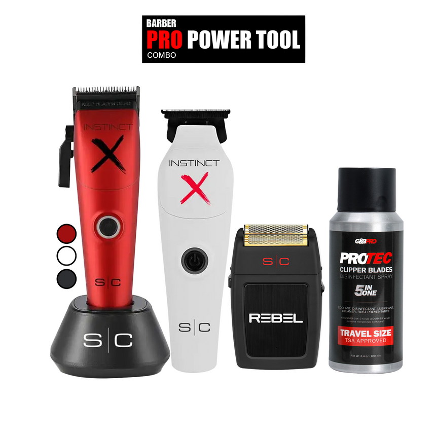 Set of barber tools including a red and black trimmer, white and black trimmer, and a can of clipper blades on a white background.