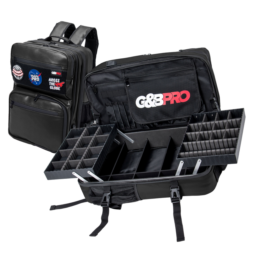 Black G&G Pro backpack with open compartments on a white background