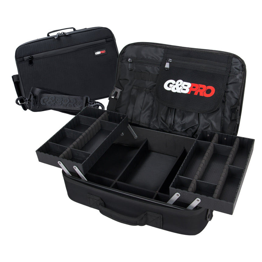 A black makeup artist's case with various compartments and dividers, branded with 'G&B PRO' on the top flap.