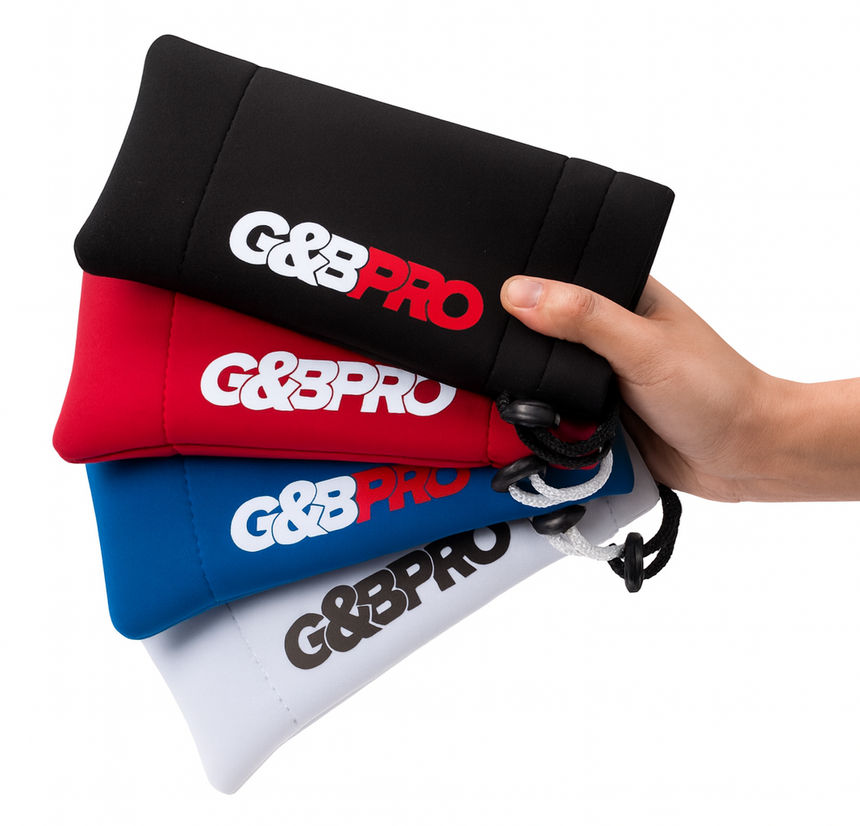 Hand holding a black G&G Pro pouch with red text, surrounded by other pouches in red, blue, and white on a white background.