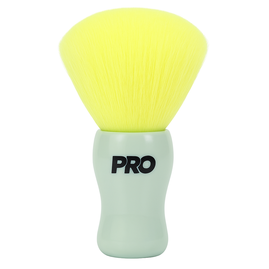 Yellow makeup brush with a green handle and 'PRO' branding on a white background
