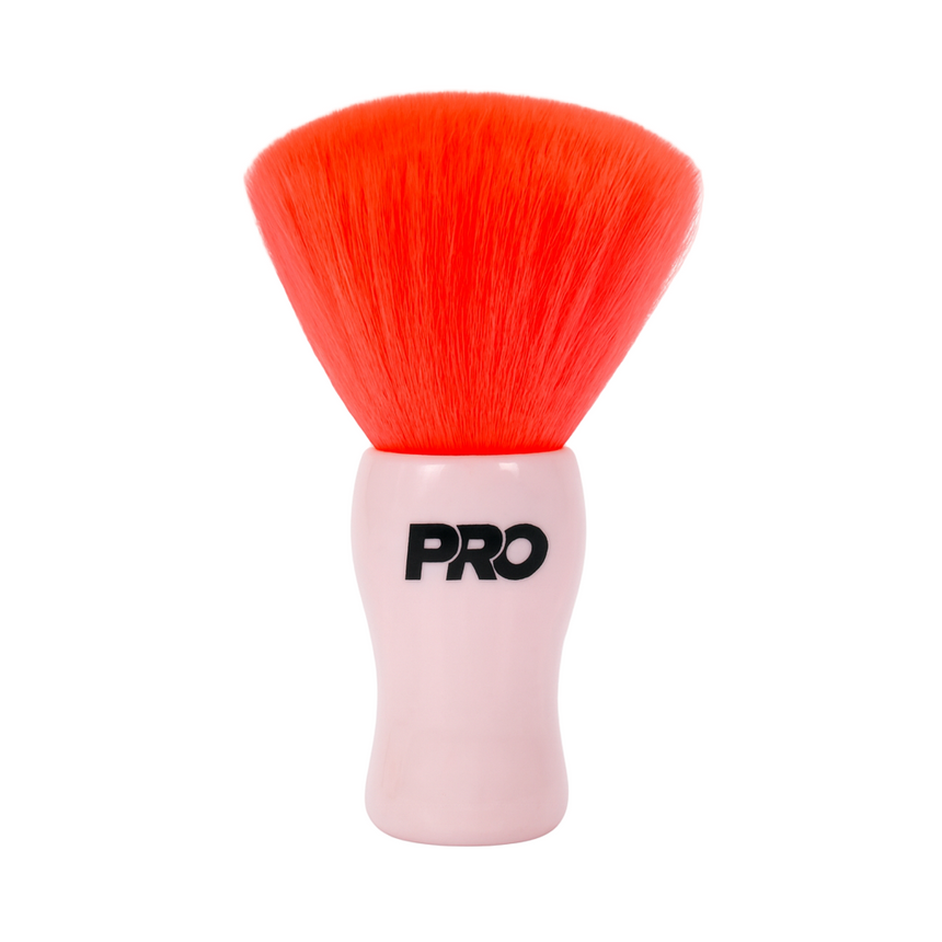 Makeup brush with red bristles and pink handle featuring 'PRO' branding on a white background
