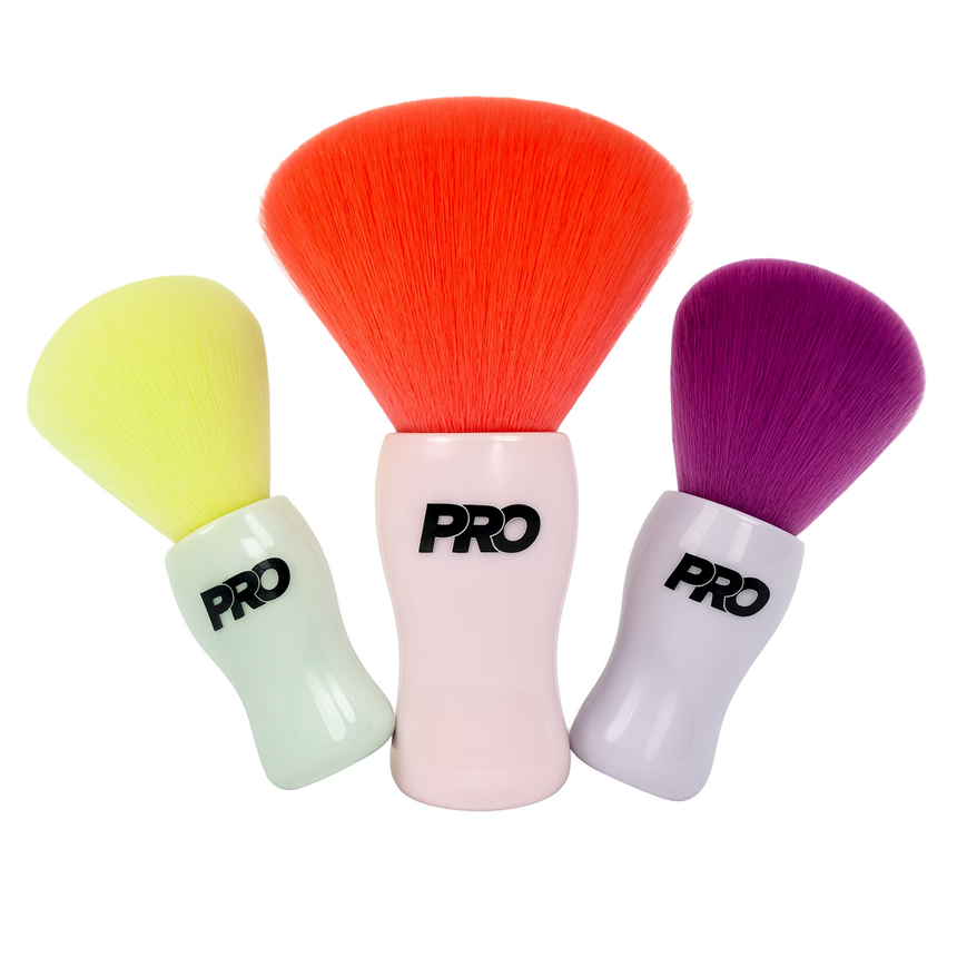 Four colorful makeup brushes with 'PRO' branding on a white background