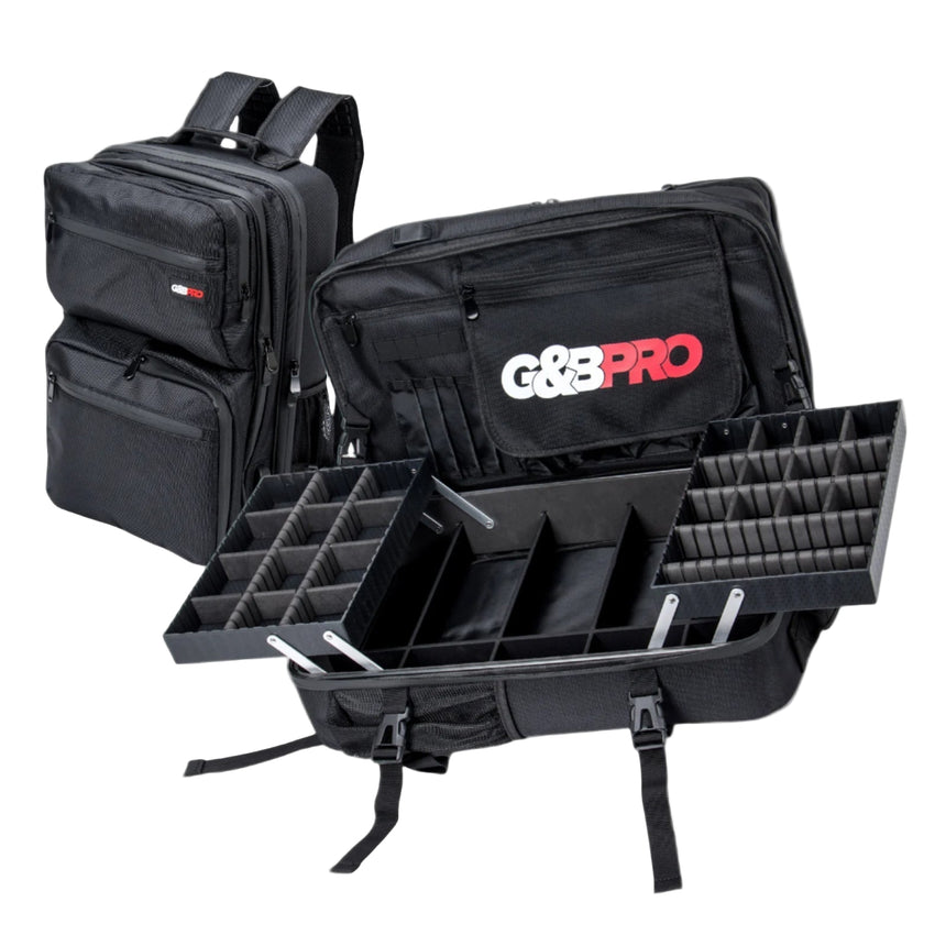 A black full-size backpack that converts into a mobile workstation with multiple compartments and a laptop sleeve, branded with 'G&B PRO'.