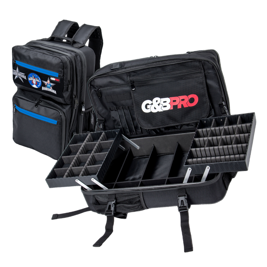 Black G&G Pro backpack with open compartments on a white background