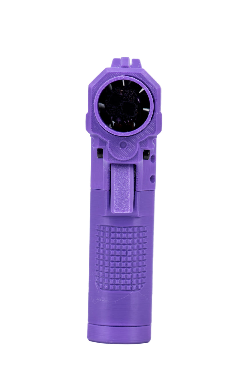 Purple handheld device with a black circular component on a white background