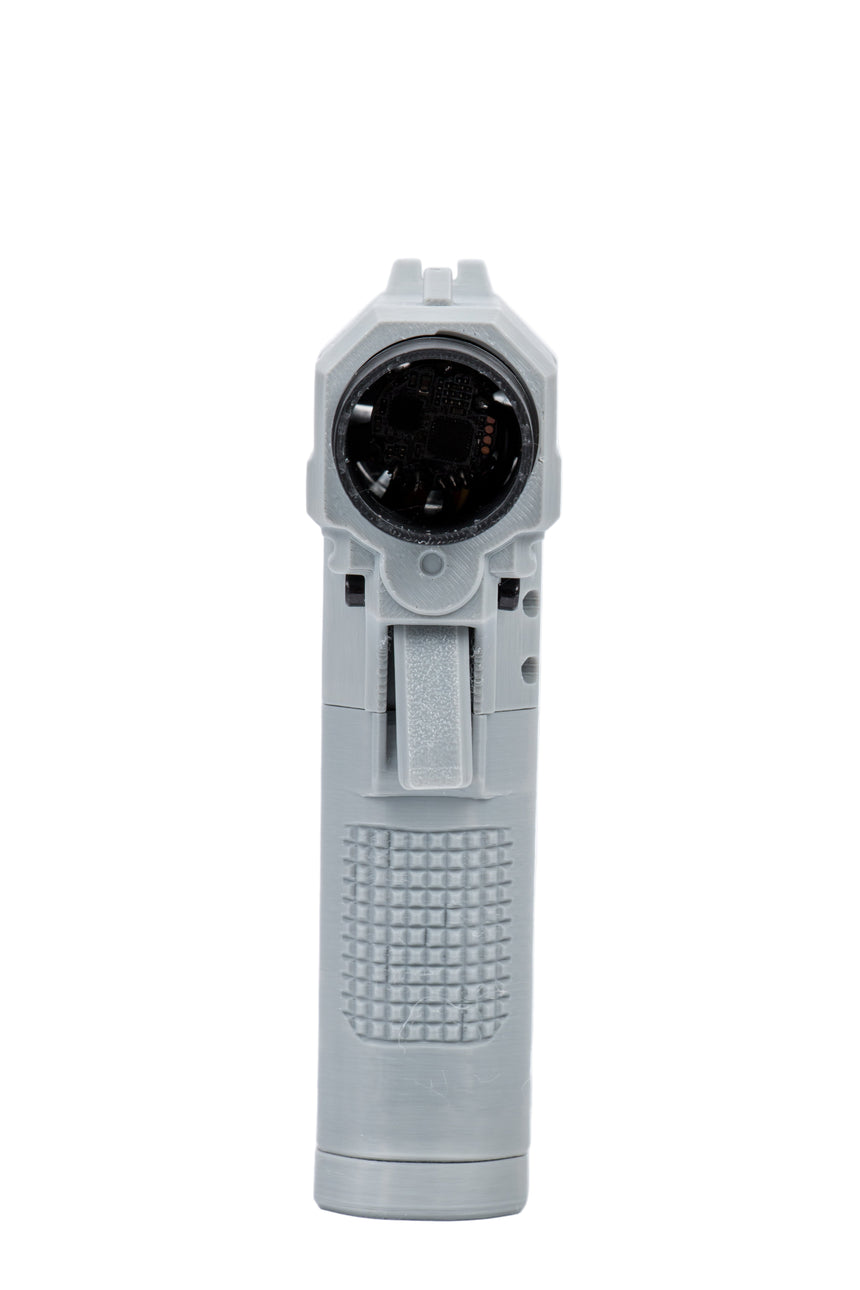 Gray handheld device with a lens on a white background