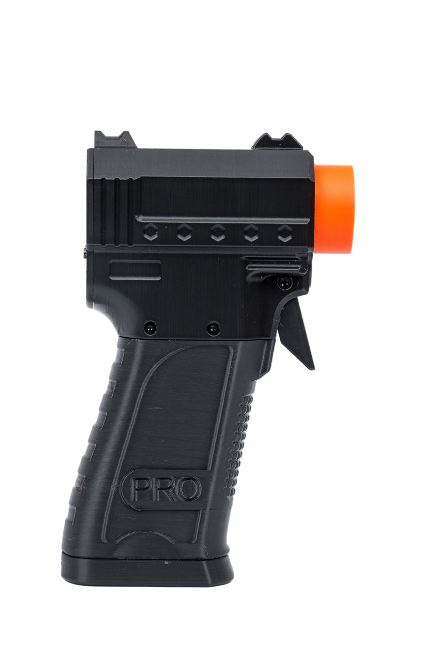 Black spray gun with orange nozzle on a white background