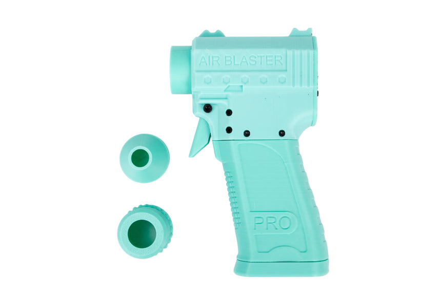 Turquoise air blaster gun with two nozzles on a white background