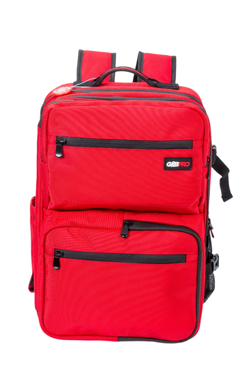 Red backpack with black zippers on a white background