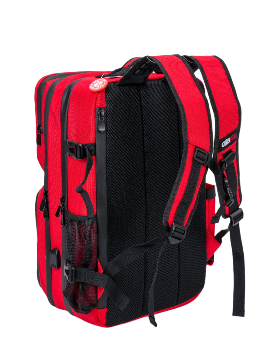 Red and black backpack on a white background