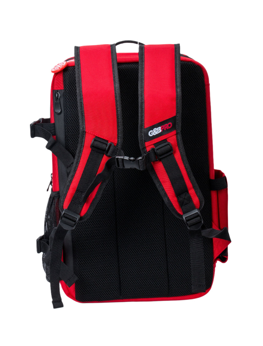 Red and black backpack on a white background