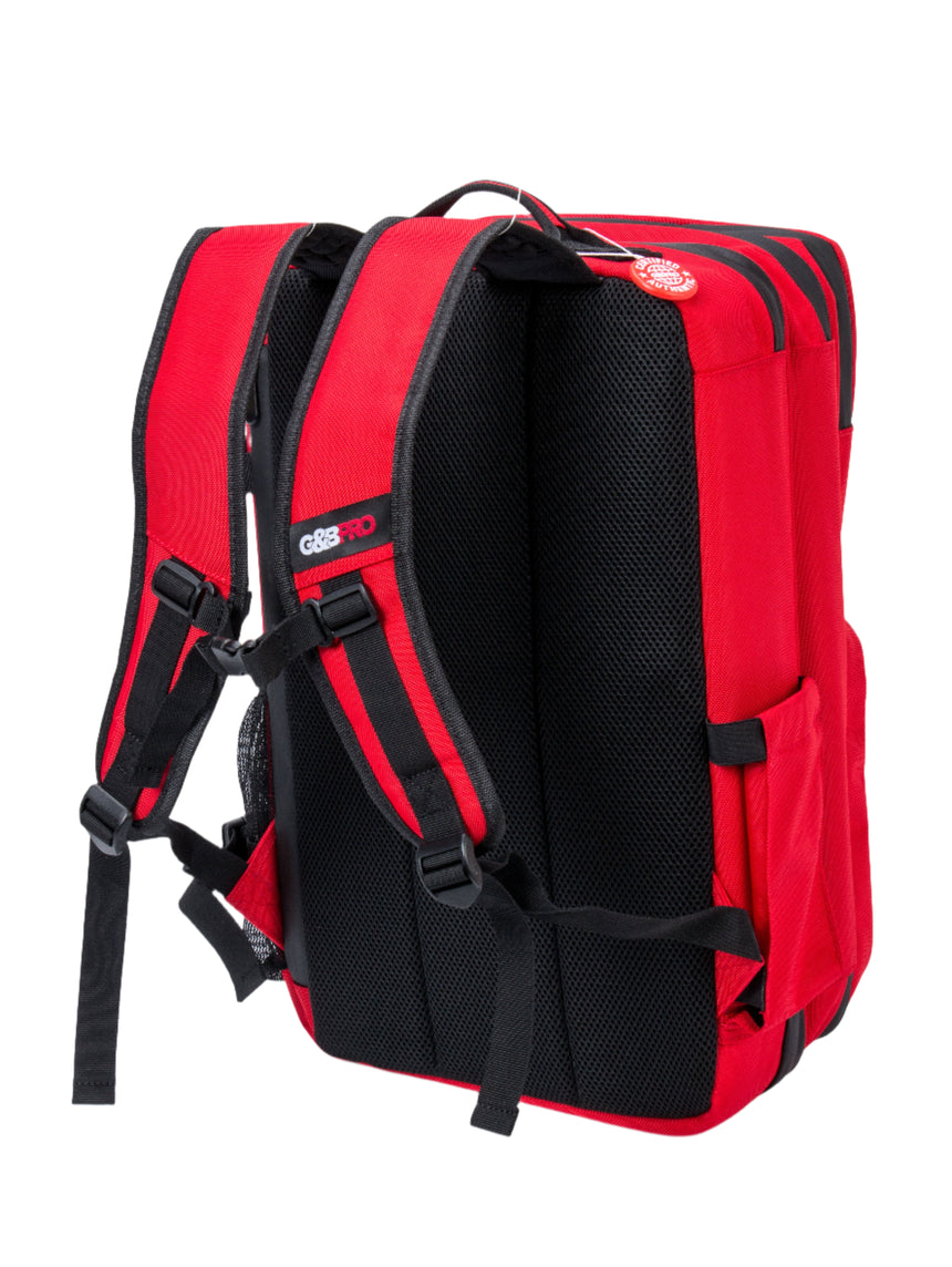 Red and black backpack on a white background