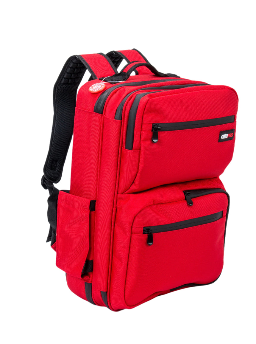 Red backpack with black accents on a white background