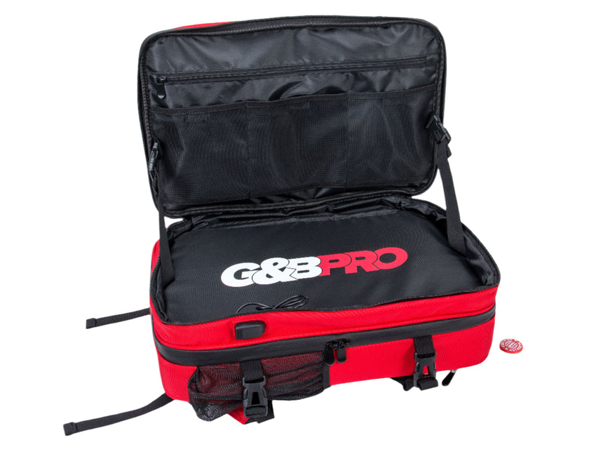 Red and black suitcase with 'G&B Pro' branding on a white background