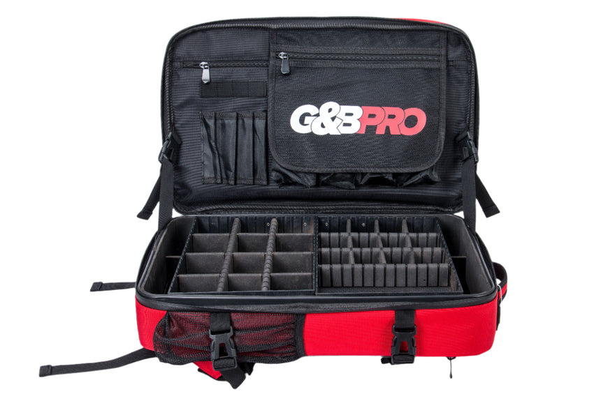 Black and red G&G Pro backpack with compartments on a white background
