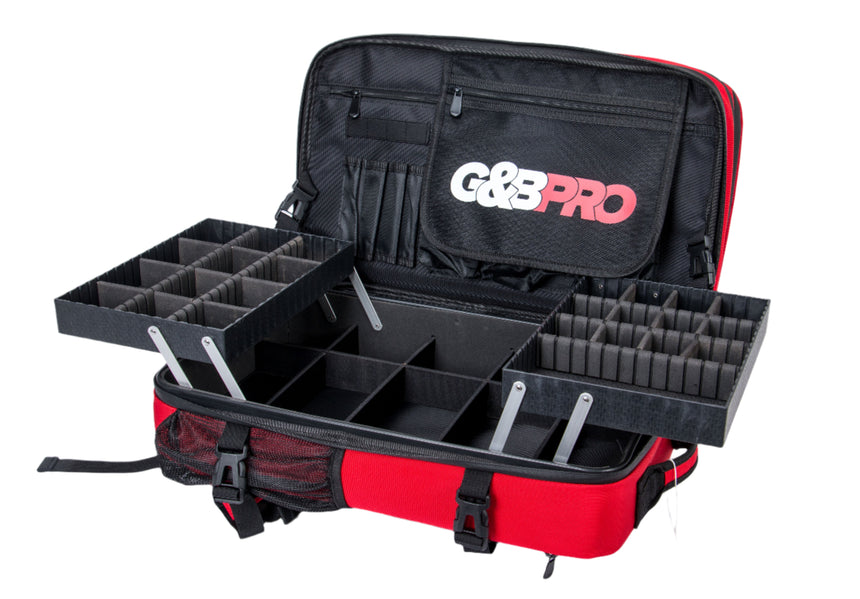 Black and red G&G Pro case with compartments on a white background