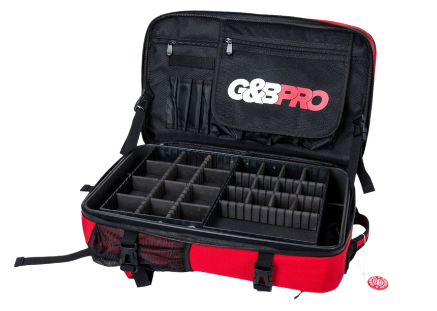 Red and black G&G Pro case with compartments on a white background