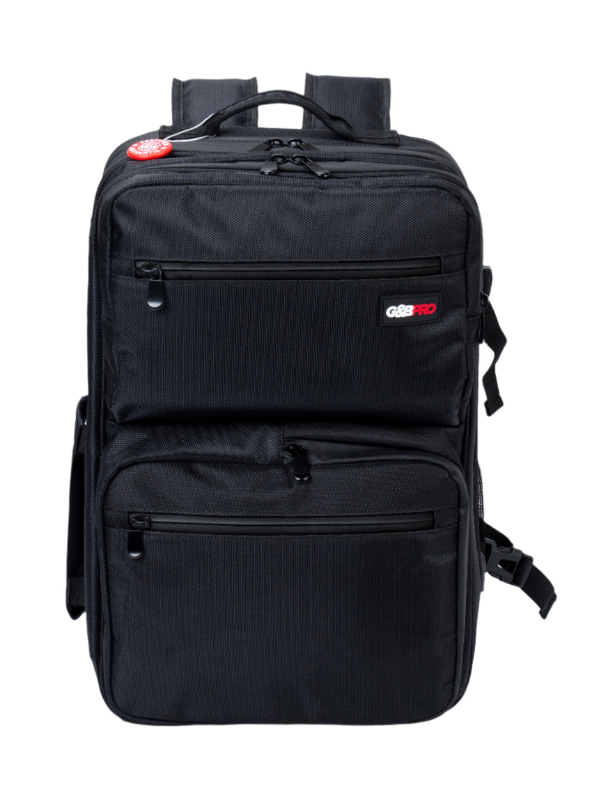 Black backpack with multiple compartments on a white background