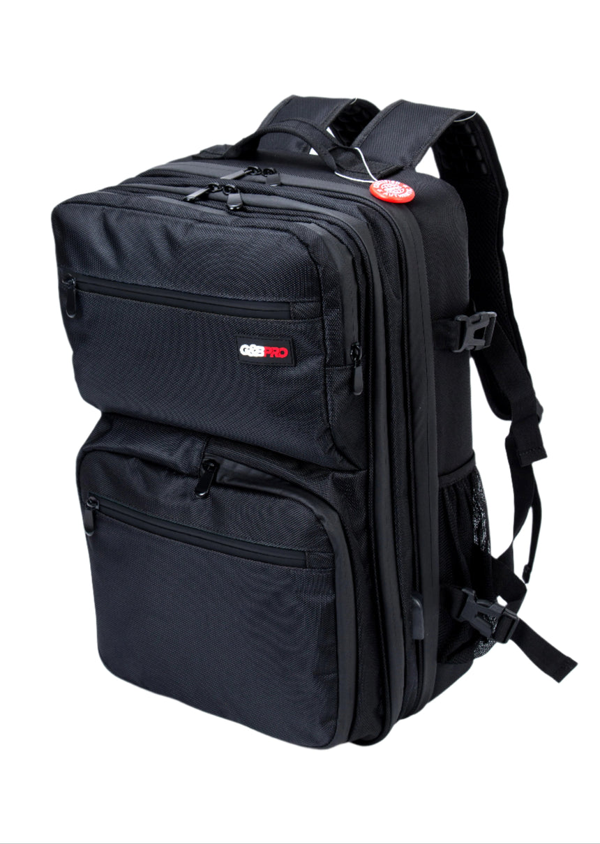 Black backpack with visible brand logo on a white background