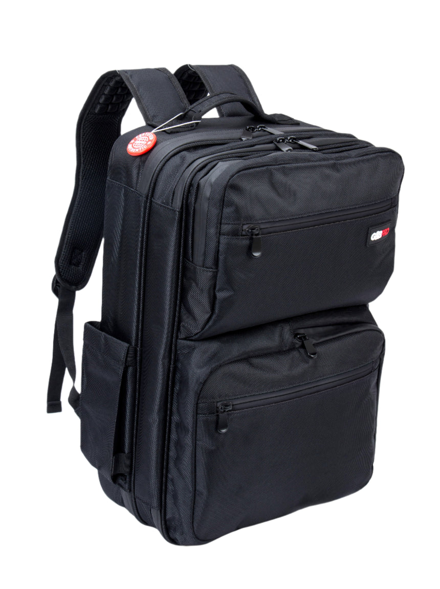 Black backpack with a visible brand logo on a white background