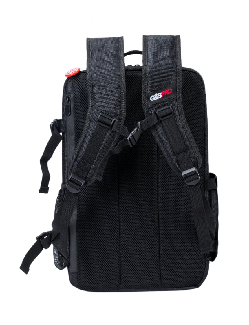 Black backpack with visible brand logo on a white background