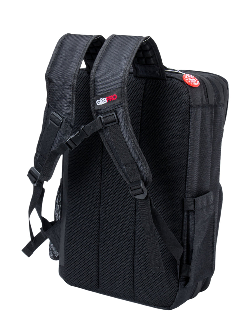 Black backpack with visible branding on a white background