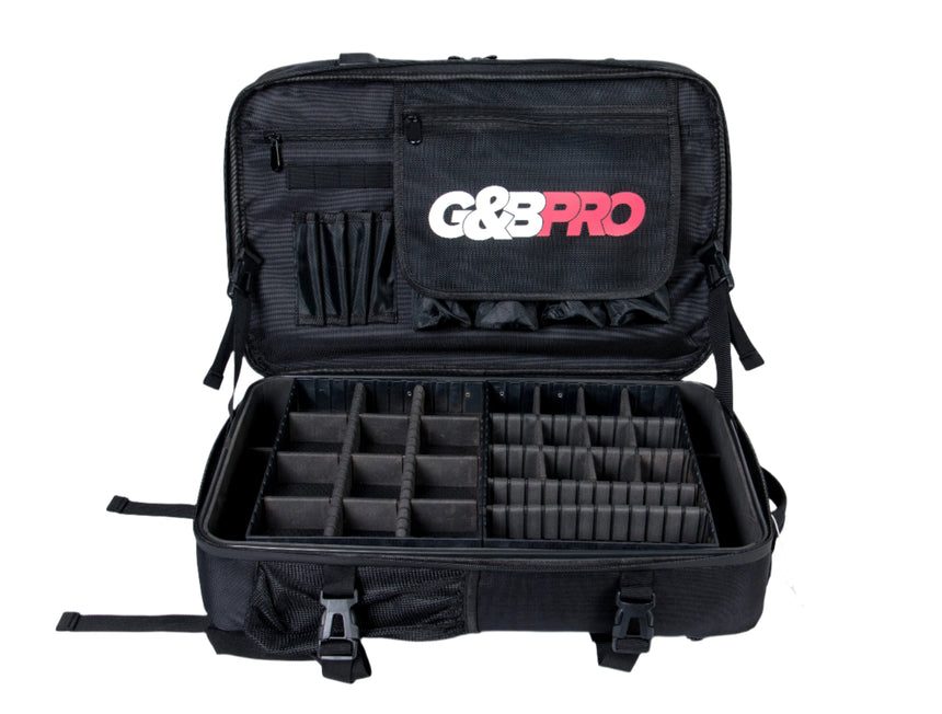 Black G&G Pro camera bag with compartments on a white background