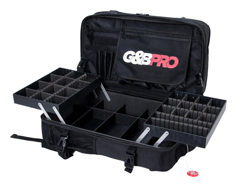 Black G&G Pro fishing tackle box with compartments on a white background