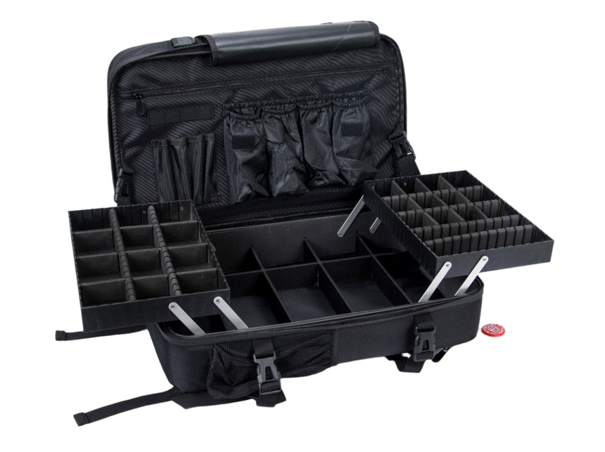 Black tool case with compartments on a white background