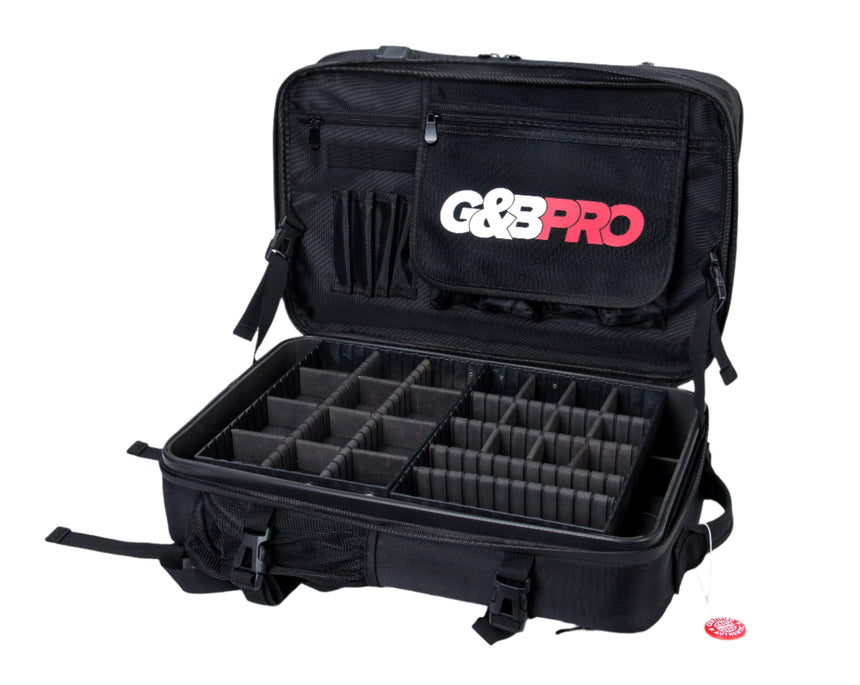 Black G&G Pro camera bag with compartments on a white background