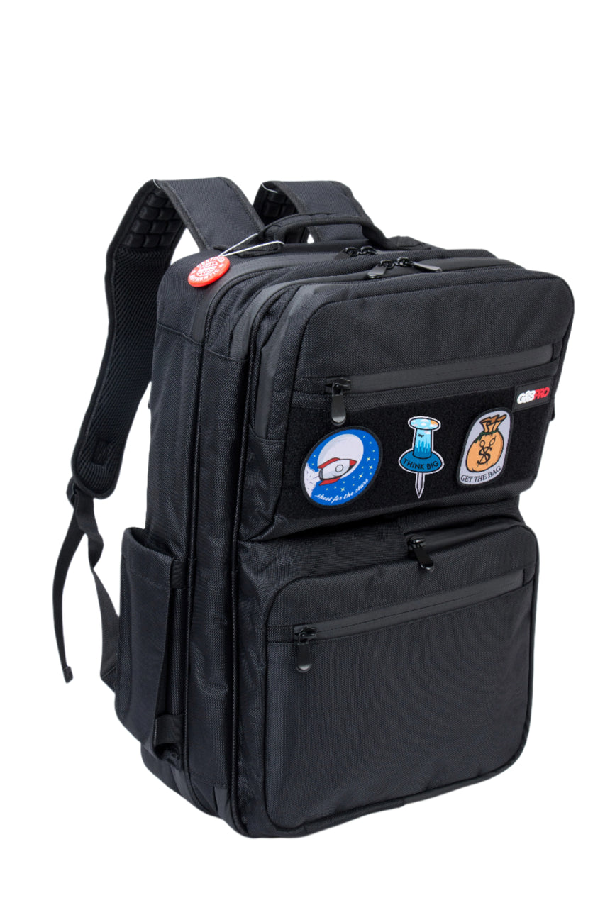 Black backpack with patches on a white background
