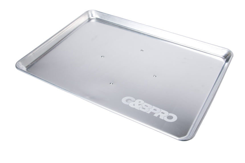 Metallic tray with 'GoPro' branding on a light gray background