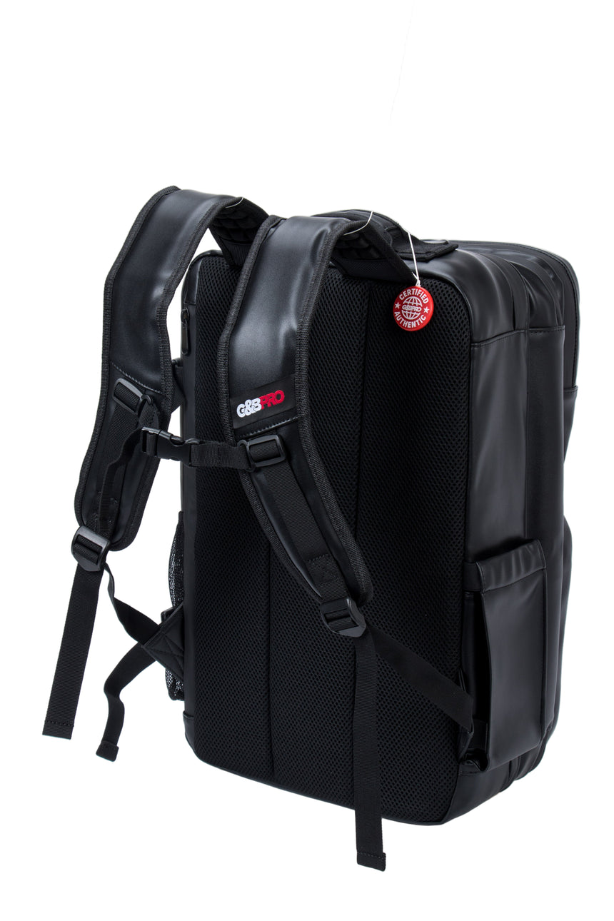 Black backpack with visible brand logo on a white background