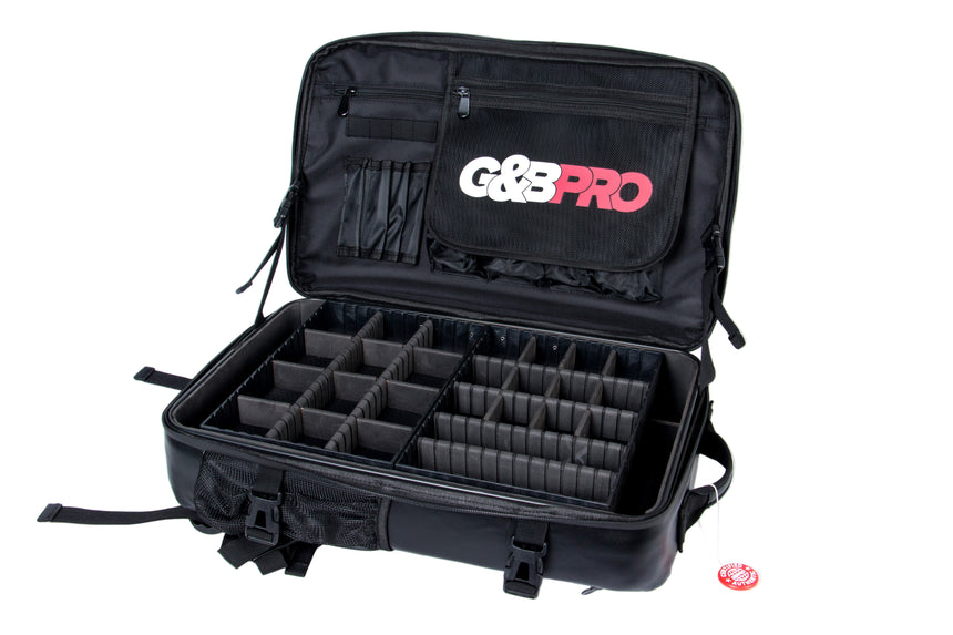 Black G&G Pro case with compartments on a white background