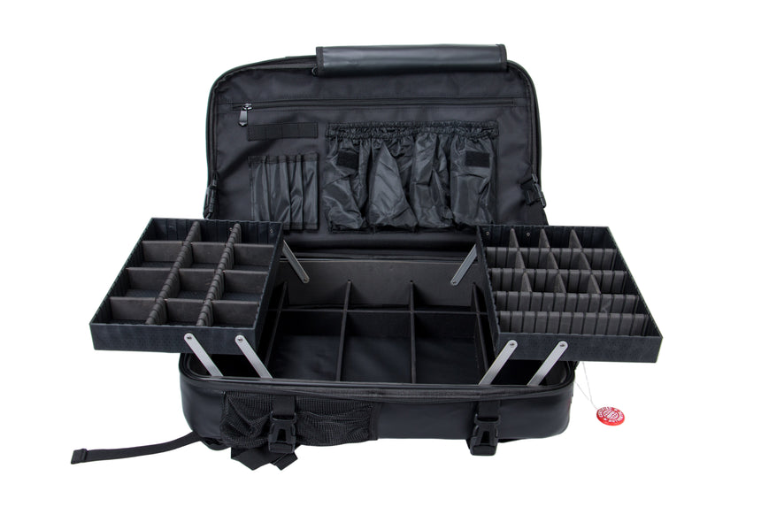 Black travel case with compartments on a white background