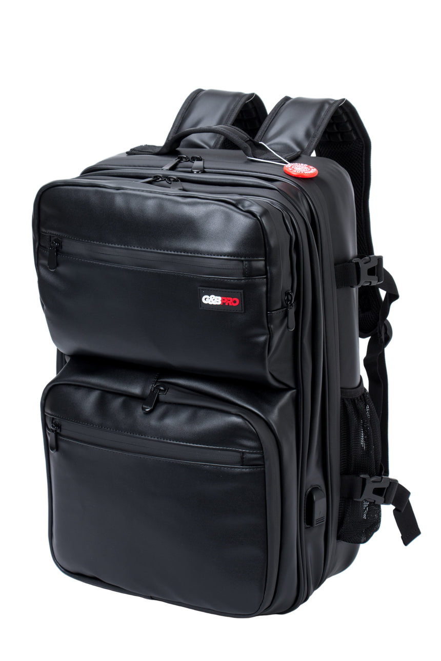 Black backpack with visible brand logo on a white background