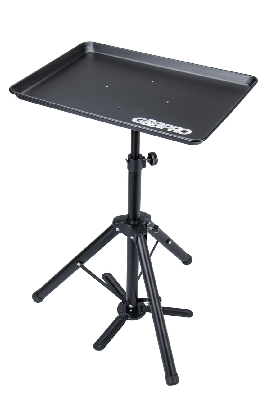 Black adjustable stand with a tray on a white background