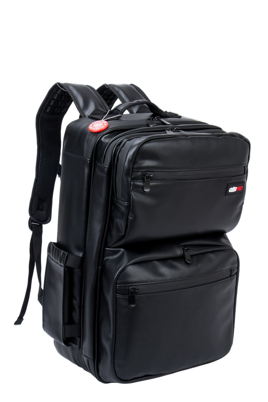 Black backpack with multiple compartments on a white background