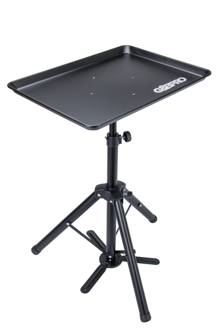 Black adjustable stand with a tray on a white background