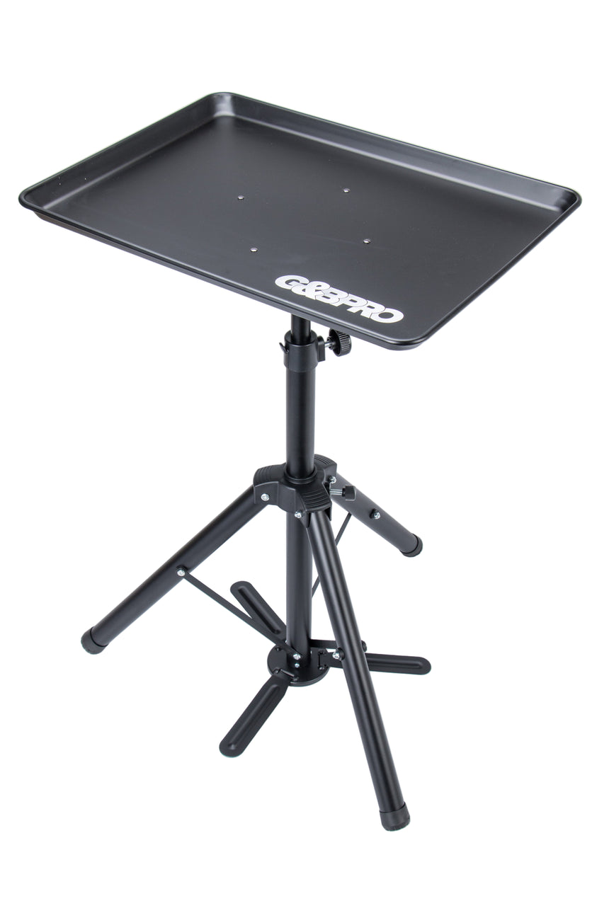 Black adjustable stand with a tray on a white background