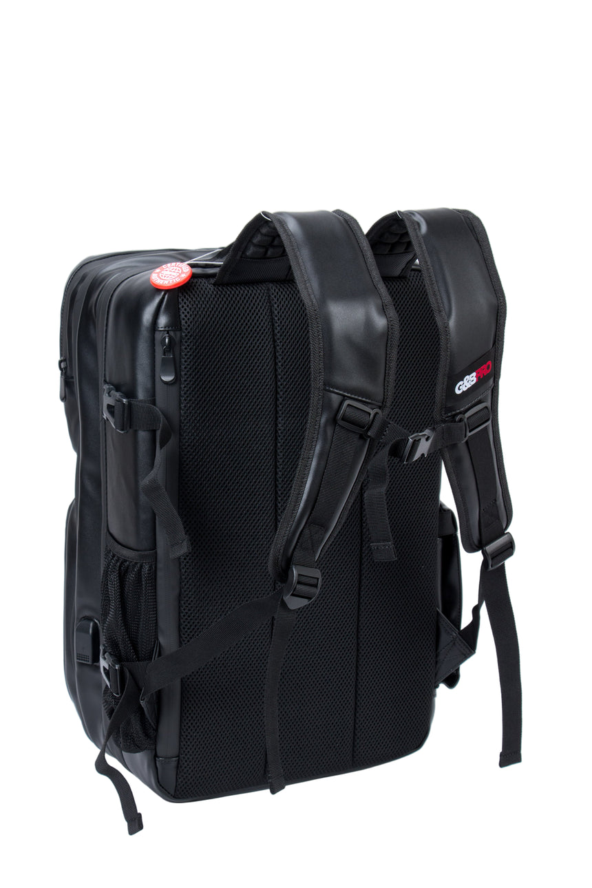 Black backpack with visible brand logo on a white background