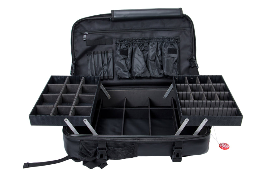 Black travel case with multiple compartments on a white background