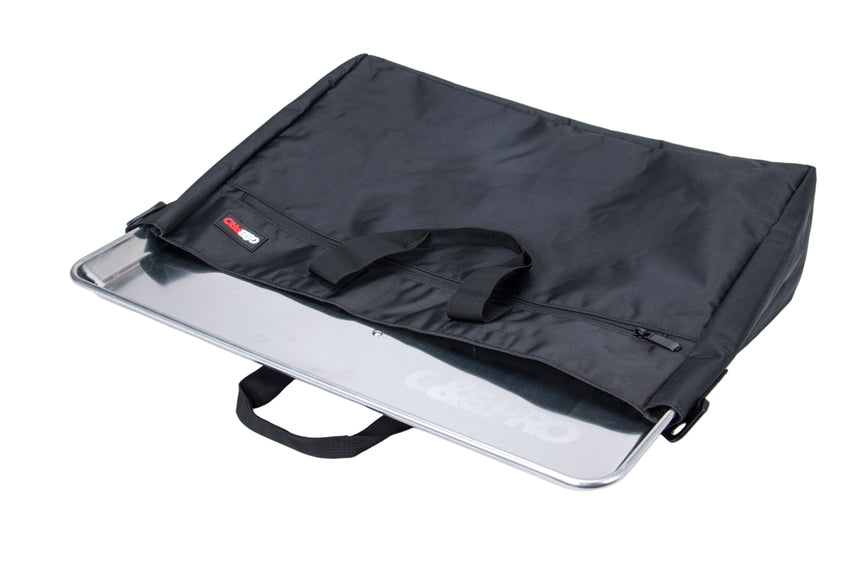 Black carrying case with a handle on a white background
