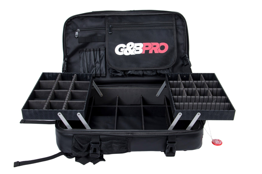 Black G&B Pro fishing tackle box with compartments on a white background