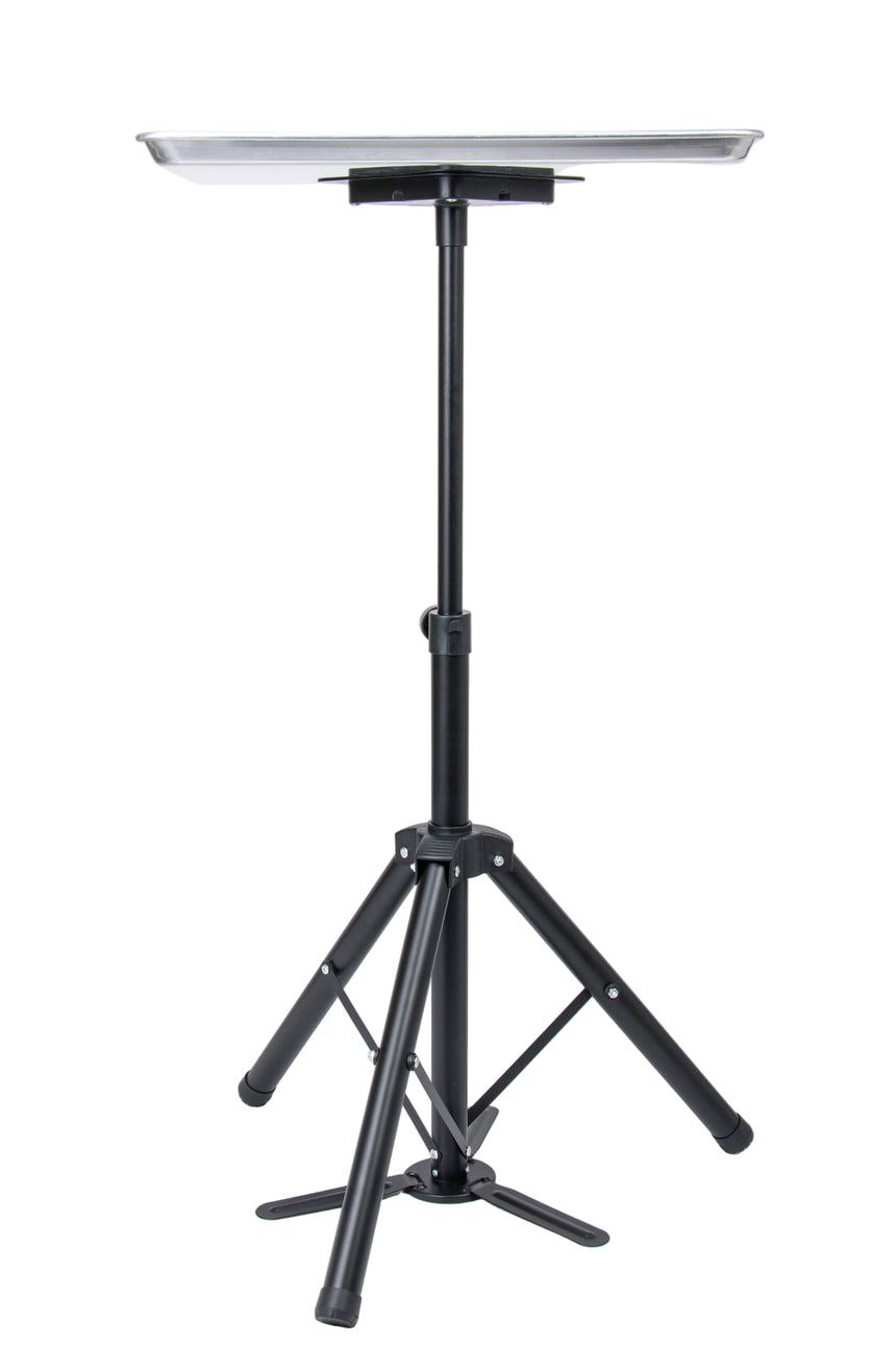 Black adjustable stand with a flat platform on a white background