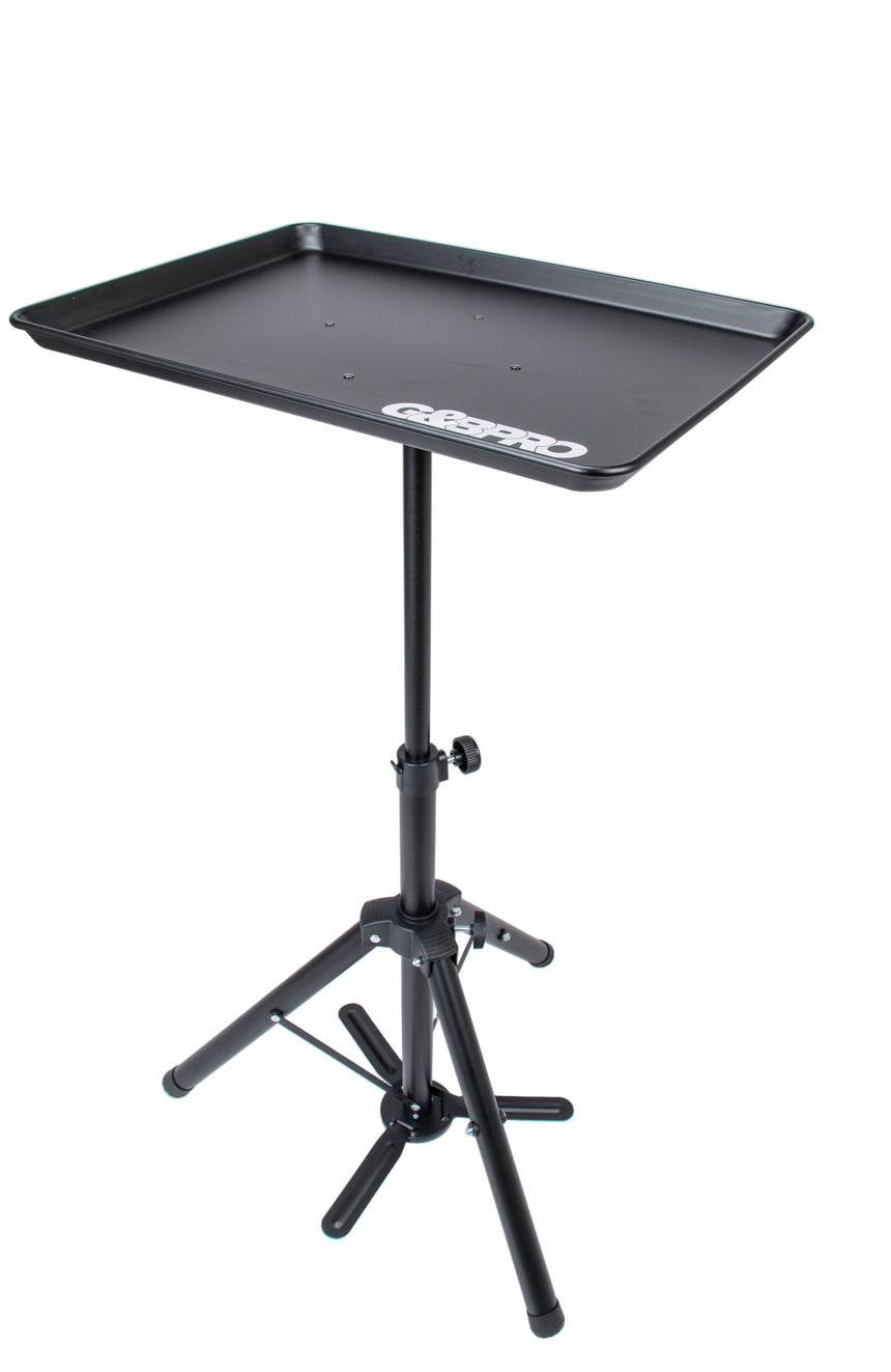 Black adjustable stand with a tray on a white background
