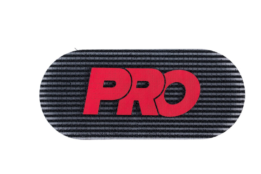 Black and red 'PRO' patch on a white background