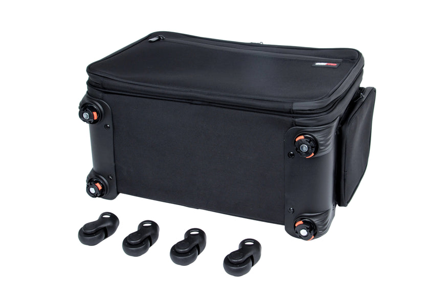 Black suitcase with wheels on a white background